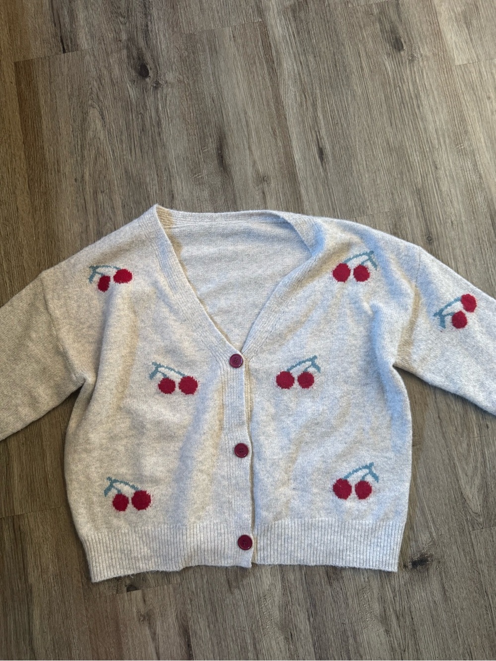 Light Gray Cherry-Embroidered V-Neck Cardigan Sweater